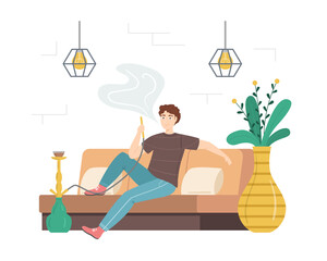 Wall Mural - Cartoon Color Character Person Male Smoking in Hookah Bar Concept. Vector