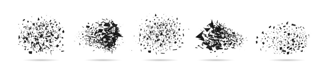 Shatter of particle. Broken glass with debris. Abstract explosion with destruction and particle. Shatter effect isolated on white background. Explode with confetti. Graphic texture of bomb. Vector