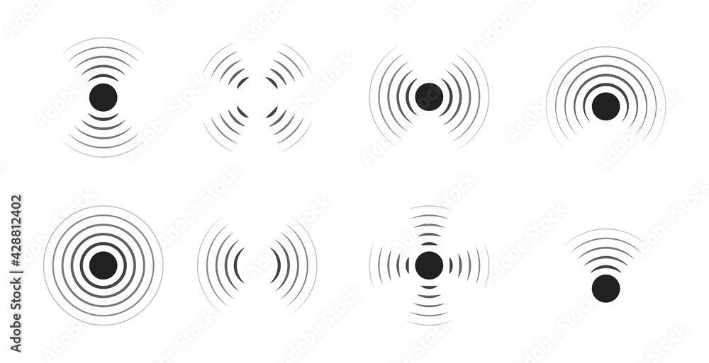 Wave sonar. Radar with signal. Icon of pulse. Concentric sound circle. High sonic frequency with vibration in air. Noise and energy from speaker. Symbol of radio, military protection and scan. Vector - obrazy, fototapety, plakaty 