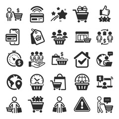 Wall Mural - Buyer customer icons. Contactless payment card, shopping cart and group of people. Store, buyer loyalty card, client ranking set icons. Shopping timer, phone payment, currency. Flat icon set. Vector