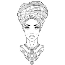 African Beauty, Full Face Portrait Of The Beautiful Black Woman In Turbans. Vector Line Art Hand Drawn Illustration Isolated On A White Background. Fashion Model For Tattoo, Coloring Book Page
