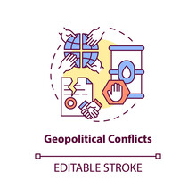 Geopolitical Conflicts Concept Icon. Energy Security Threat Idea Thin Line Illustration. Political Instability. Energy Supplies Manipulation. Vector Isolated Outline RGB Color Drawing. Editable Stroke