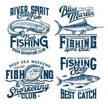 Fishing And Snorkeling Club Marine T-shirt Prints With Fishes And Sea Waves, Vector. Marine Fish Catch Sport And River Adventure Club Quotes Of Ocean Spirit And Deep Sea, Blue Grunge T-shirt Prints