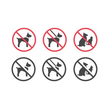 No Pets Red Prohibition Vector Sign. Dogs On A Leash And Pets Not Allowed Icon.
