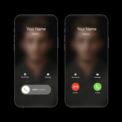 iphone call screen concept ui set with realistic blurry background. incoming call screen template
