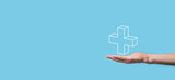 Fototapeta  - Hand hold 3D plus icon, man hold in hand offer positive thing such as profit, benefits, development, CSR represented by plus sign.The hand shows the plus sign