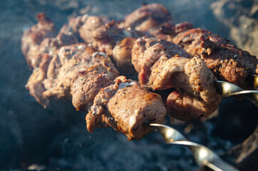 The meat is fried over an open fire. Shish kebab on skewers