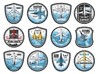 Wall Mural - Aviation and airplanes vector icons. Modern planes flying in sky, flight tours. Transportation, aviation school and airports. Airlines service and flights, aviators and fliers academy symbols