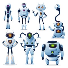Poster - Cartoon robots, cyborg androids and robotic AI creatures vector characters. AI and droids, robo technology machines with digital artificial intelligence, mechanical robots