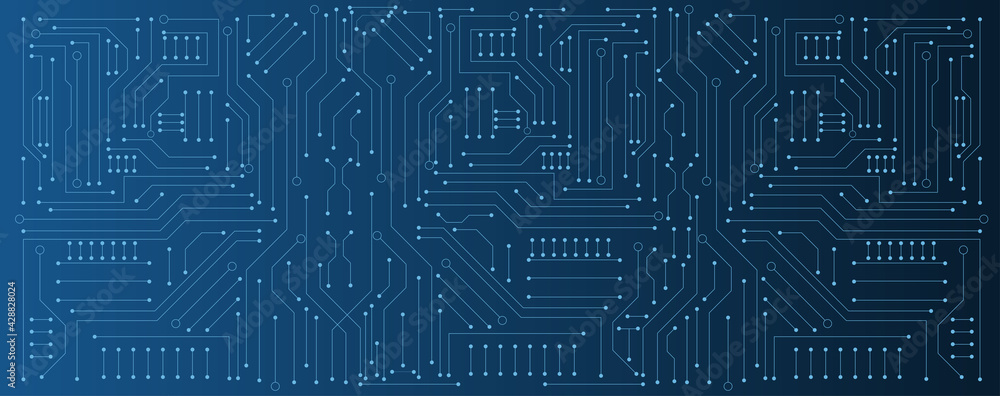 circuit board electronic or electrical line on blue engineering technology concept vector panorama background - obrazy, fototapety, plakaty 