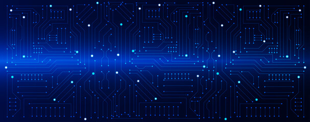 circuit board electronic or electrical line on blue engineering technology concept vector panorama background