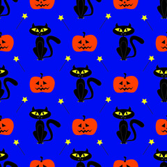 Wall Mural - Halloween cats and pumpkins on blue background for greetings. Seamless pattern. Vector illustration.