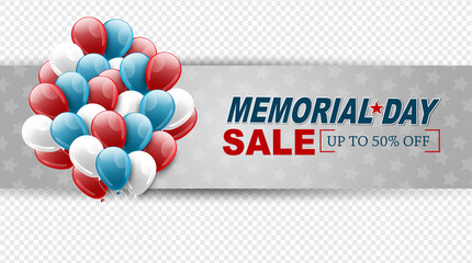 Wall Mural - memorial day sale banner. overlay design. blue, red, and white balloons. vector illustration.
