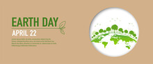 Earth Day Banner Of Brown Paper Cut Style And Green City, Vector Illustration