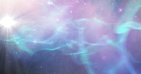 animation of glowing stars on blue, pink and purple light trails in universe