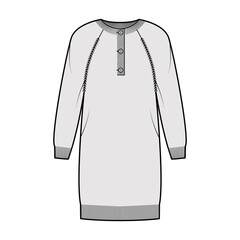 Wall Mural - Dress Sweater henley neck technical fashion illustration with long raglan sleeves, relax fit, knee length, rib knit trim. Flat garment apparel front, grey color style. Women, men, unisex CAD mockup