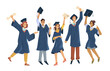© Sensvector - Graduated students celebrating graduation from college, university or high school. Vector happy students with diplomas wearing academic gown and mortarboard cap, group with education certificates