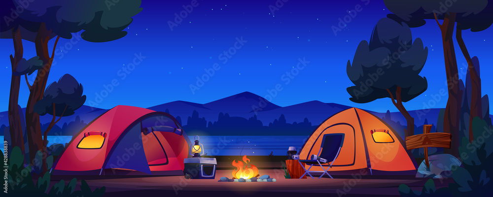 Camping tents on river bank, mountains and night sky on background, bonfire and lantern lamp on portable fridge, chair and flashlight. Vector forest scenery, trees and lake, hiking tourism, picnic - obrazy, fototapety, plakaty 