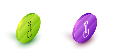 Wall Mural - Isometric line Shovel toy icon isolated on white background. Green and purple circle buttons. Vector