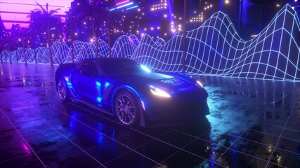 Wall Mural - 80s retro background 3d animation. futuristic car drive through neon city. retrowave vj seamless loo