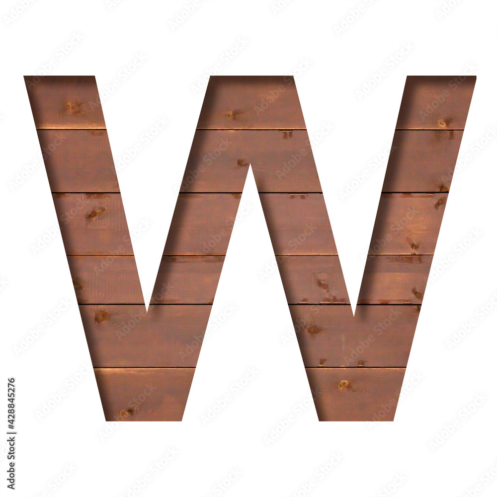 Font on texture of wooden boards. Letter W, cut out of paper on a background of real rustick wood wall. Volumetric white fonts alphabet set