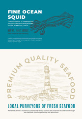 Wall Mural - Fine Ocean Seafood. Abstract Vector Packaging Design or Label. Modern Typography and Hand Drawn Squid Sketch Silhouette with Sea Lighthouse Background Layout