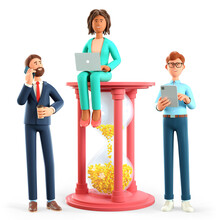 3D Illustration Of Business Teamwork And Cooperation In Project Time Limit, Deadline, Task Due Dates. Multicultural Characters Working With Laptop, Phone And Tablet And Huge Hourglass.