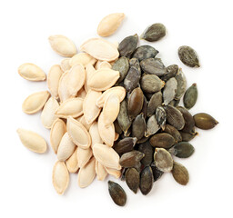 Wall Mural - Pumpkin seeds or pepitas peeled and not peeled on a white background, isolated. The view from top