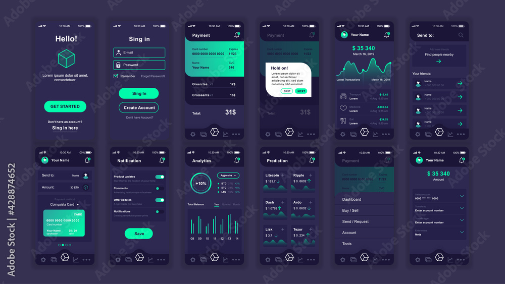 Set of UI, UX, GUI screens Cryptocurrency app flat design template for mobile apps, responsive website wireframes. Web design UI kit. Cryptocurrency Dashboard. - obrazy, fototapety, plakaty 