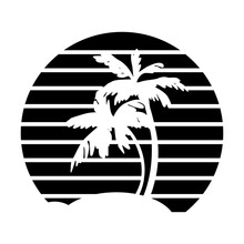 Retro Vintage Sunset In 80s-90s Style. White Silhouettes Of Palm Trees. Striped Circle. Vector Design Template For Logo, Badges, Banners, Prints. Isolated White Background.