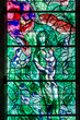 Zurich, Switzerland - April 19. 2021 : Details of the stained glass window of the Protestant church Fraumunster designed by Marc Chagall
