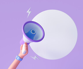 Cartoon hand holding megaphone with speech bubble on purple background with copy space. 3d render illustration