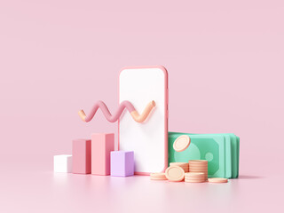 Wall Mural - finance analysis concept. phone with diagram, coins and banknote on pink background, finance managem