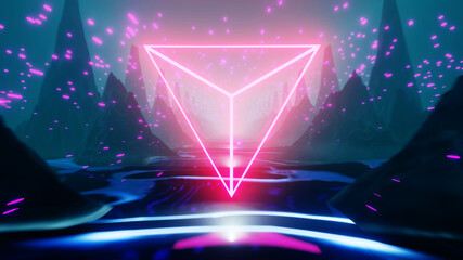 Wall Mural - 3d illustration graphic of beautiful sci-fi mountain and river landscape with neon triangle and brig