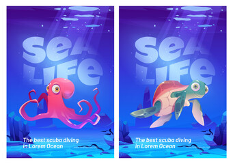 Wall Mural - Sea life posters, scuba diving flyers. Funny octopus and turtle characters under water in ocean. Vector cartoon illustration of undersea landscape with wild marine animals