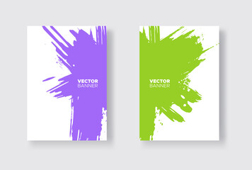 Purple and green abstract design set. Ink paint on brochure, Monochrome element isolated on white.