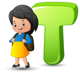 Poster - Illustration of alphabet T with a school girl standing