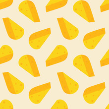 Cute Cartoon Style Cheese Chunks, Dairy Product Vector Seamless Pattern Background.