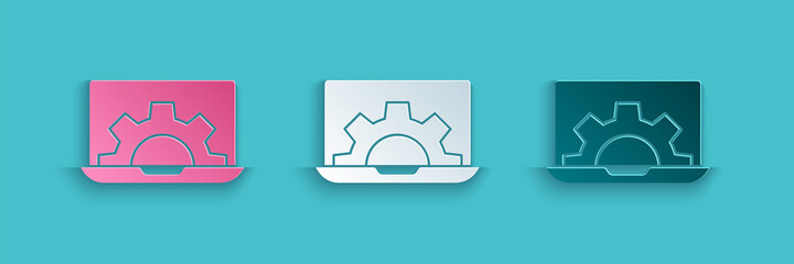 Paper cut Software, web development, programming concept icon isolated on blue background. Programming language and program code on screen laptop. Paper art style. Vector