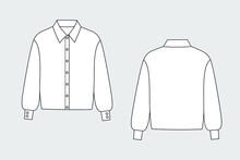 Female Blouse Vector Template Isolated On A Grey Background. Front And Back View. Outline Fashion Technical Sketch Of Clothes Model.