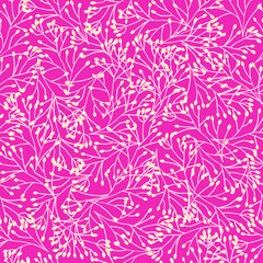 Poster - Pink nature seamless pattern. Repeating plants background bright pink white beige hand drawn branches, stems. Contour wild grass floral repeating abstract texture for fabric, wallpaper