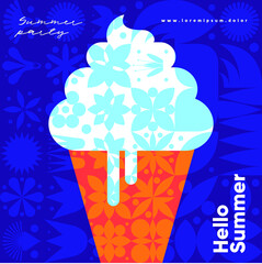 Ice cream. Summer. Flat vector illustration. Summer time, background patterns on the theme of summer, vacation, weekend, beach. Perfect background for posters, cover art, flyer, banner.