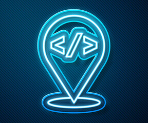 Glowing neon line Web design and front end development icon isolated on blue background. Vector