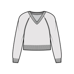 Wall Mural - V-neck Sweater cropped technical fashion illustration with long raglan sleeves, relax fit, waist length, knit rib trim. Flat jumper apparel front, grey color style. Women, men unisex CAD mockup