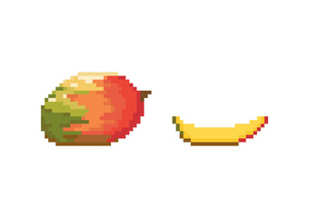 Poster - Pixel art orange mango icon set. Pixel retro game mango and slice of mango icons. 8 bit or 16 bit style orange icon for game or web design. Flat cute pixel fruit vector.