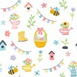 © Biscotto Design - Easter spring pattern with cute eggs, flowers, bees. Hand drawn flat cartoon elements. illustration