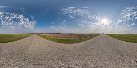 Wall Mural - full seamless spherical hdri panorama 360 degrees angle view on old no traffic asphalt road among fields in equirectangular projection, ready for VR AR virtual reality