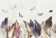 Colored Feathers. Photo Wallpaper, Beautiful Picture For The Wall. Abstract Drawing With Feathers.