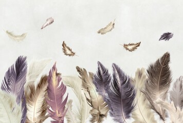 Colored feathers. Photo wallpaper, beautiful picture for the wall. Abstract drawing with feathers.