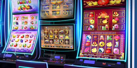 Gambling banner showing different video slot machines of various themes in a casino play room. 3D rendered illustration